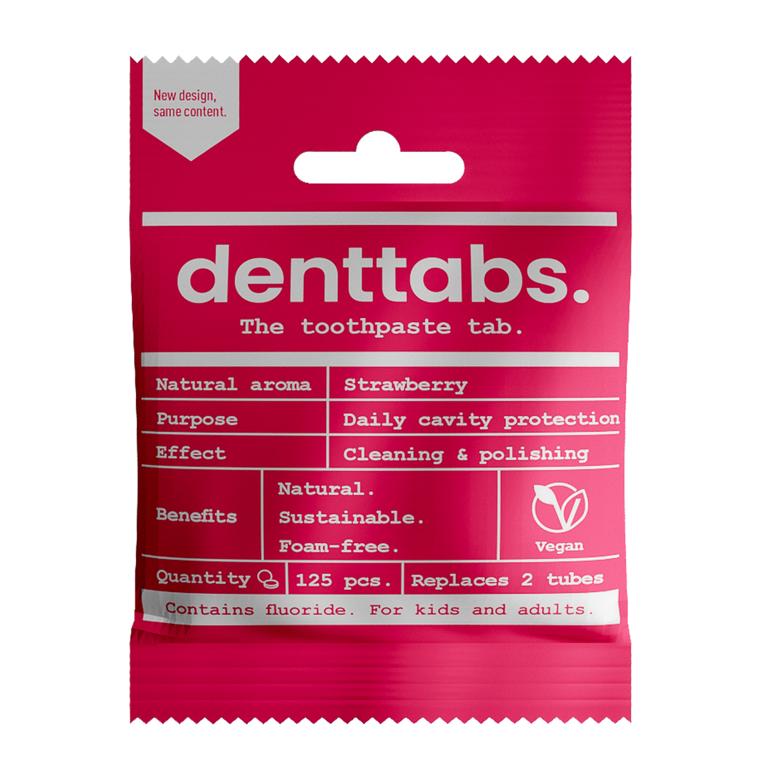 NEW - Denttabs - Toothpaste tablets STRAWBERRY with FLUORIDE for kids - 125 tabs