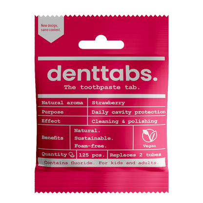 NEW - Denttabs - Toothpaste tablets STRAWBERRY with FLUORIDE for kids - 125 tabs